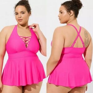 Torrid Bright Pink Wireless XO Triangle Tankini Swim Suit Top